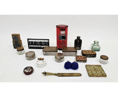 Assorted collectables including a small abacus, a collection of letter printing blocks, inkwells, a silver-plated leather mou