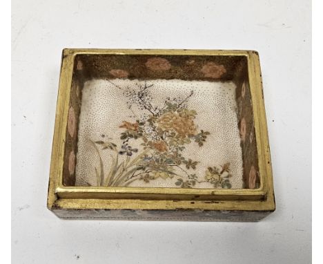Japanese Meiji period (1868-1912) satsuma rectangular box, the interior painted with chrysanthemum, flowering prunus and iris