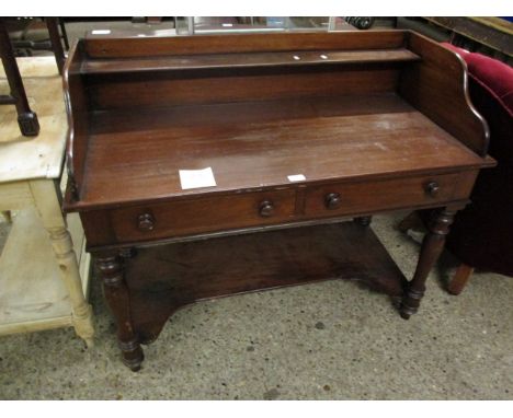 VICTORIAN MAHOGANY SIDE TABLE WITH TWO DRAWERS WITH OPEN SHELF WITH TURNED KNOB HANDLES 