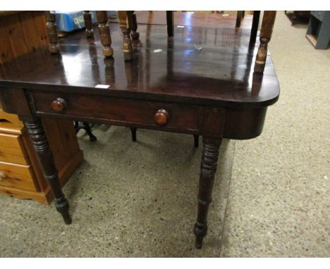 VICTORIAN MAHOGANY FOLD-OVER TEA TABLE WITH SINGLE DRAWER ON RING TURNED LEGS 