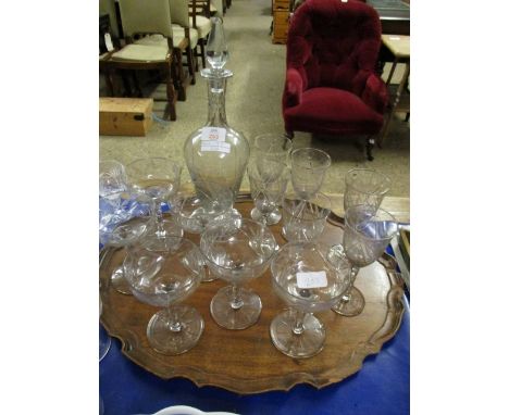 GOOD QUALITY SUITE OF CUT GLASS TO INCLUDE SIX CHAMPAGNE GLASSES, SIX WINE GLASSES, DECANTER 