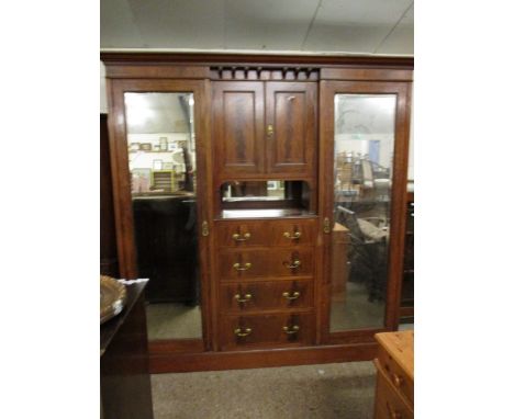 EDWARDIAN MAHOGANY AND SATINWOOD BANDED COMBINATION WARDROBE WITH TWO MIRRORED DOORS, CENTRALLY FITTED WITH TWO CUPBOARD DOOR