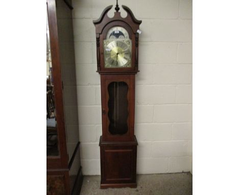 TEAK FRAMED LONGCASE CLOCK WITH SILVERED DIAL AND GLASS DOOR