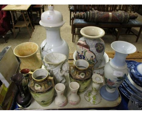 TRAY CONTAINING A PAIR OF NORITAKE VASES, AN ORIENTAL VASE, FRENCH GLASS VASE ETC 