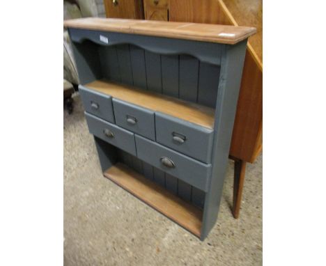 GOOD QUALITY PINE AND PAINTED WALL SHELF WITH FIVE DRAWERS WITH PANELLED BACK 