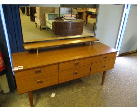 SCHREIBER MELAMINE SIDEBOARD WITH MIRRORED BACK AND OPEN SHELF WITH SIX DRAWERS ON TAPERING LEGS 