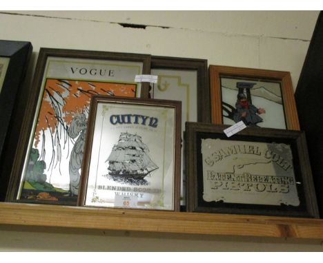 FIVE ASSORTED SMALL PUB TYPE MIRRORS TO INCLUDE VOGUE, CUTTY SARK SCOTCH WHISKY, SAMUEL COLT ETC