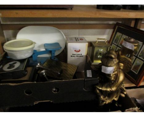 BOX CONTAINING SCALES, MODERN SILHOUETTES, FRAMED CIGARETTE CARDS ETC 