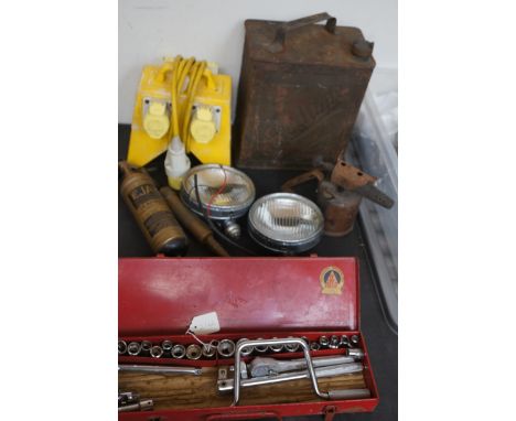 Vintage petrol can, blow lamp, extinguisher, car head lamps &amp; other car equipment  