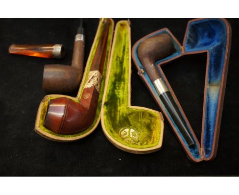 2 vintage pipes with silver mounts, 1 pipe with gold plated mount &amp; silver mounted cigar holder 