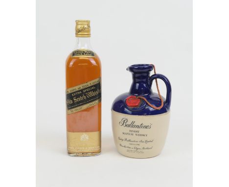 Ballantine's Scotch whisky, in a blue capped stoneware flask (sealed), also Johnnie Walker Black Label Scotch whisky (2 bottl