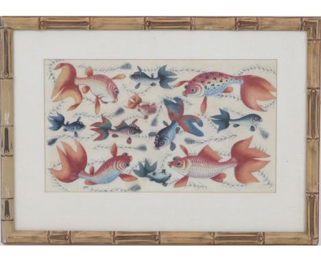 Chinese School (late 19th/early 20th Century), Ornamental fishes, rice paper painting, within a simulated bamboo frame, 7cm x