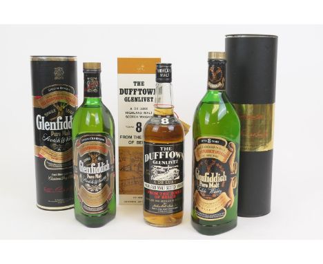 The Dufftown Glenlivet 8 year old malt Scotch whisky (boxed), also Glenfiddich 8 year old malt Scotch whisky (1 litre, boxed)