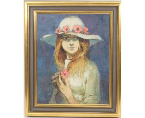 George Thompson (1934-2019), Portrait of a girl in a wide brimmed hat adorned with flowers, oil on board, signed, 50cm x 40cm