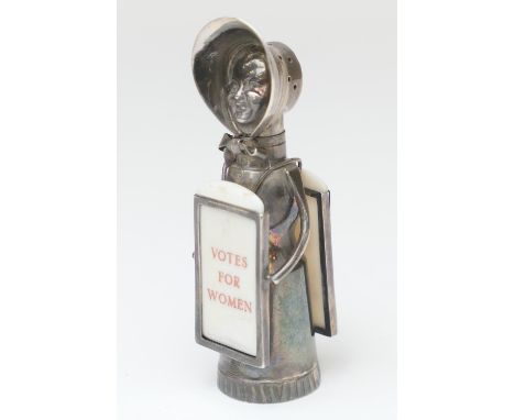 Edwardian silver Suffragette pepperette, by Saunders and Shepherd, Chester 1908, modelled as a suffragette supporting an ivor