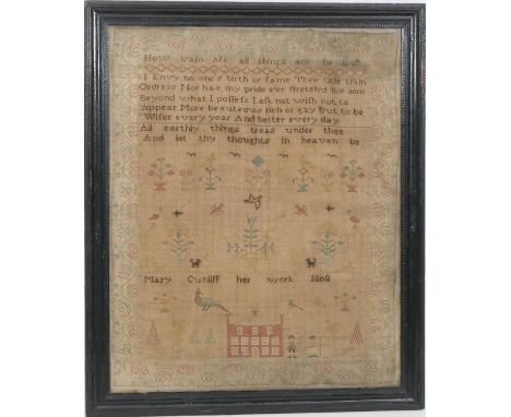 George III silk needlework sampler, by Mary Cunliff, dated 1808, inscribed with a verse, and with flying birds, country house