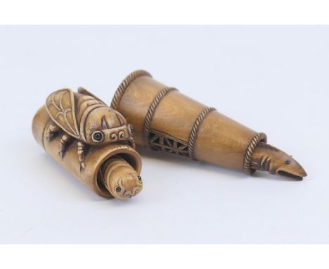 Carved wooden netsuke, formed as a fish trap, 5.5cm; also another formed as a cicada with larvae in bamboo, 5cm (2) (Please n