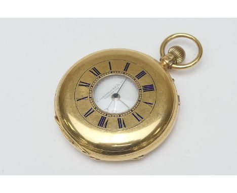J Hargreaves & Co., Liverpool, a Victorian 18ct gold half hunter keyless pocket watch, hallmarked Chester 1885, the outer cas
