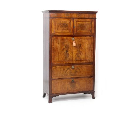 George III mahogany secretaire a abbatant, circa 1780-1800, having two upper recessed panel cupboard doors with boxwood, ebon