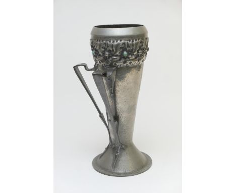 Tudric pewter vase, designed by Oliver Baker for Liberty &amp; Co., circa 1902, hammered tapered form, the neck deeply worked