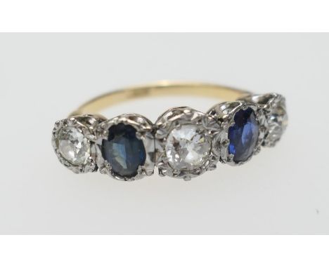 Sapphire and diamond five stone ring, two oval cut sapphires, each of approx. 0.5ct, dispersed with three old mixed cut diamo
