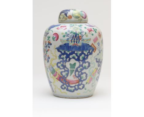 Chinese famille rose jar and cover, Kangxi (1662-1722), ovoid form decorated with precious objects in coloured enamels agains