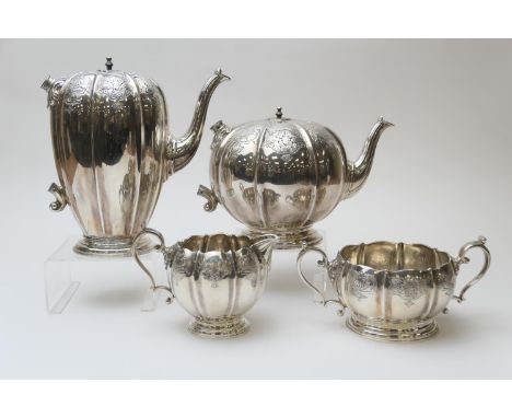 Modern silver four piece tea service, by William Comyns &amp; Sons, London 1965, comprising coffee pot, 21cm, teapot, 17cm,  