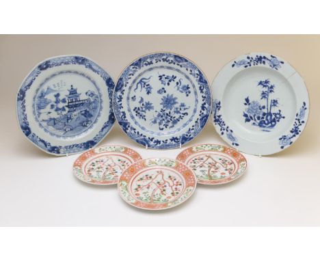 Three Chinese porcelain plates, including a Kangxi plate decorated with flowers, 23cm; Qianlong octagonal pavilion plate, 23c
