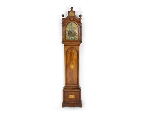 Mahogany and inlaid eight day longcase clock by Budgen, Croydon, the hood surmounted with three brass ball finials over an ar