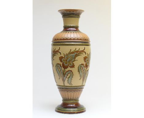 Mettlach stoneware vase, decorated with a carved band of stylised flowers against a buff ground, beaded and incised borders, 