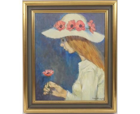George Thompson (1934-2019), Portrait of a girl holding a poppy, oil on canvas, signed, 50cm x 40cm (Please note condition do