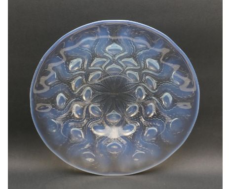 Lalique Bulbes shallow bowl, tinted with blue opalescence, stencilled mark 'R Lalique, France', 26cm diameter (Please note co