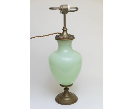 French opaline light green glass and metal mounted baluster table lamp, height to the top of the fitting 63cm (Please note co