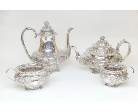 Matched silver four piece tea and coffee service, comprising a George IV Irish silver teapot, maker SB, Dublin 1827, squat bu