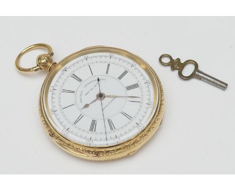 Victorian 18ct gold keywind open faced 'Decimal Chronograph' pocket watch, hallmarked Chester 1876, the dial with centre swee