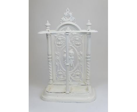 Victorian painted cast iron stick stand, cast with fruit and foliage, complete with drip trays, height 75cm, width 47cm (Plea