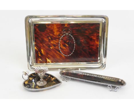 George V silver and pique tortoiseshell dressing table tray, Birmingham 1919, 30cm x 21cm; also a tortoiseshell and silver mo