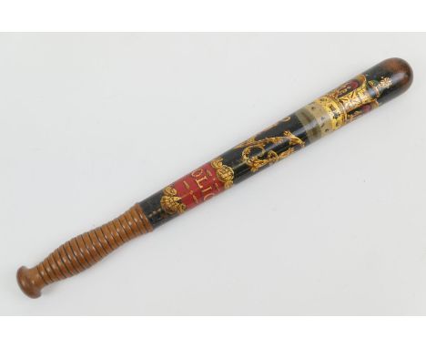 Victorian police truncheon, decorated in gilt and colours with VR cypher beneath a crown and a police inscription in gilt wit