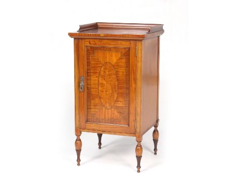 Quality satinwood and inlaid bedside side cabinet by Warings, circa 1900, three-quarter galleried top over a single door with
