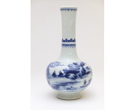 Chinese blue and white bottle vase, Kangxi (1662-1722), decorated with a panel of scholars seated beside a river, opposing au
