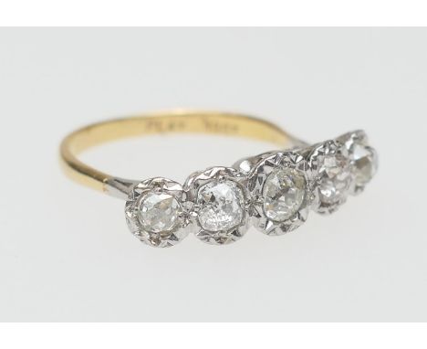 Diamond five stone ring, the old round cut stones totalling approx. 1ct, estimated as K-M in colour, pique clarity, illusion 