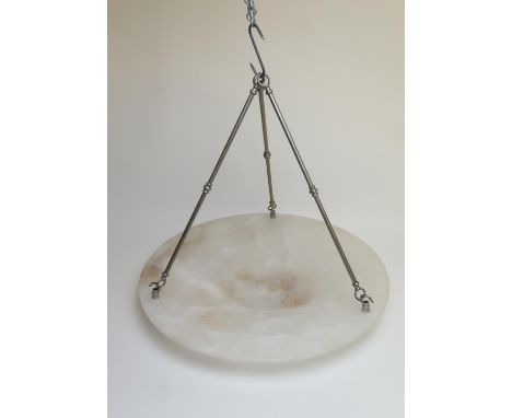 French alabaster plafonnier, shallow form supported on three metal rods, width 60cm, the rods 50cm (Please note condition doe