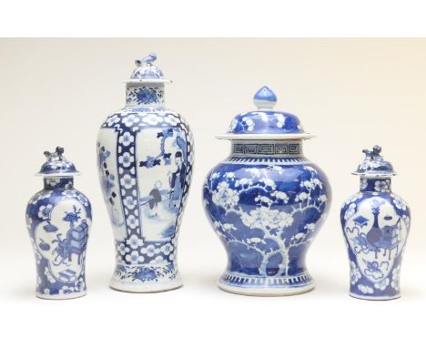 Chinese blue and white porcelains comprising: lidded baluster vase, 19th Century, decorated with figural panels against a pru