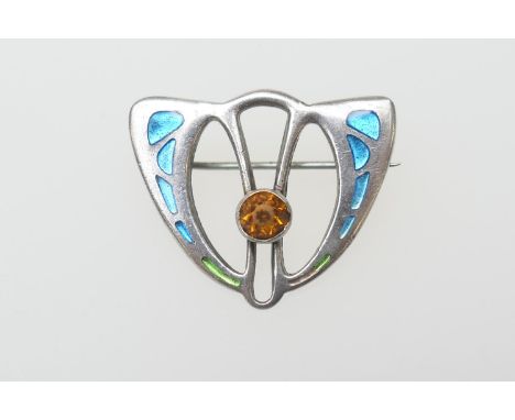 Charles Horner silver and enamelled Secessionist style brooch, open form inset with blue and green enamel and centred with an