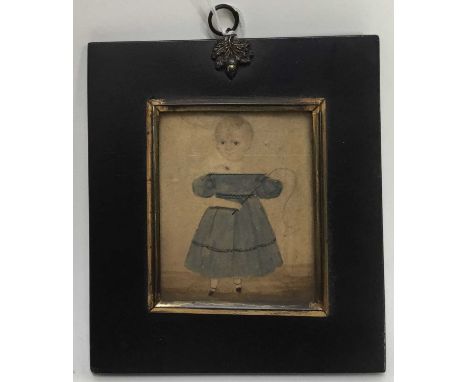 English school, early 19th century naive watercolour of a child with a whip, 9 x 7cm, glazed ebonised frameCondition report: 