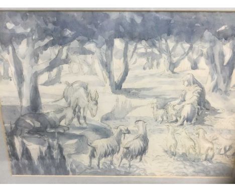 Old Master-style watercolour of a figure and animals gathered in woodland, 30cm x 43cm, in glazed frame