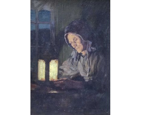 Frederick Marriott (1860-1941) oil on board - seated figure by lamp light entitled 'Evening' to original label verso, 33 x 23