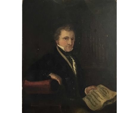 English School, circa 1830, half length portrait of a Gentleman seated before an organ with music manuscript in hand, indisti