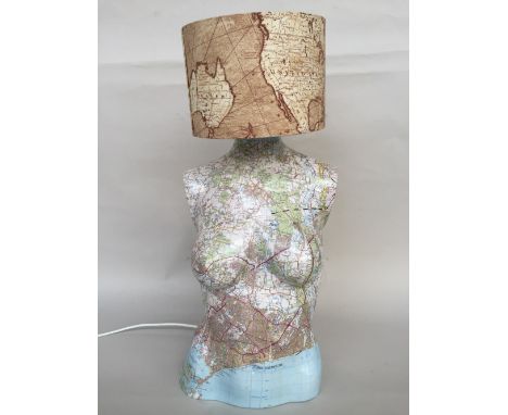 A female half torso lamp decorated with maps including a map of Bournemouth and the surrounding area 68cmH