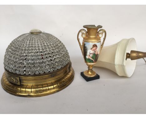 An Edwardian style glass beads flush ceiling lamp 25cm drop and 35cm diameter together with a table lamp with shade made of a